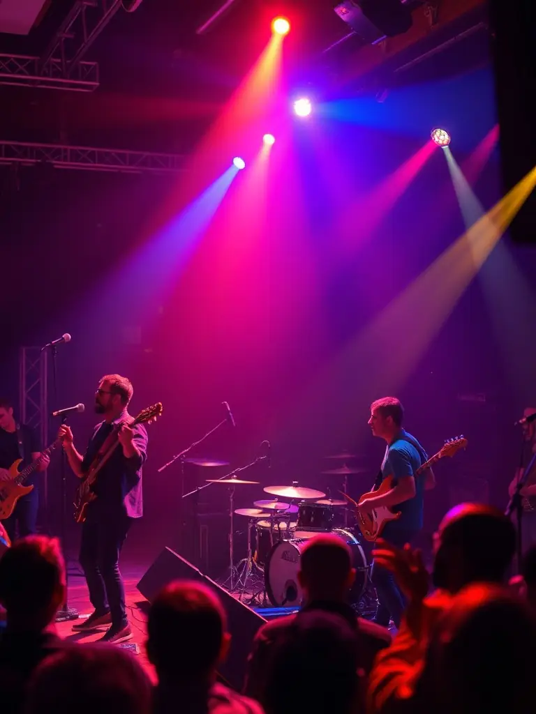 A vibrant photo of a live music performance organized by LES INSOMNIAKS, featuring diverse musicians and an enthusiastic audience, capturing the energy and inclusivity of the event.
