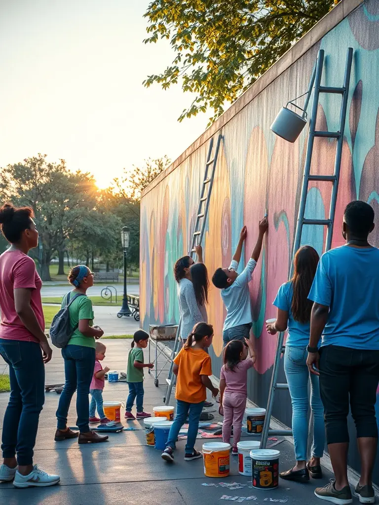 A photo of a collaborative art project initiated by LES INSOMNIAKS, showing community members working together to create a mural or public art installation, enhancing the visual appeal of the neighborhood.