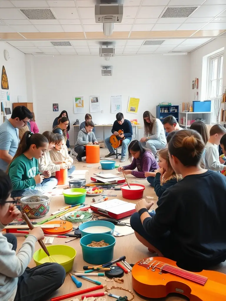 A photo of a cultural workshop facilitated by LES INSOMNIAKS, showing participants actively engaged in learning a new artistic skill, such as painting or playing a musical instrument.