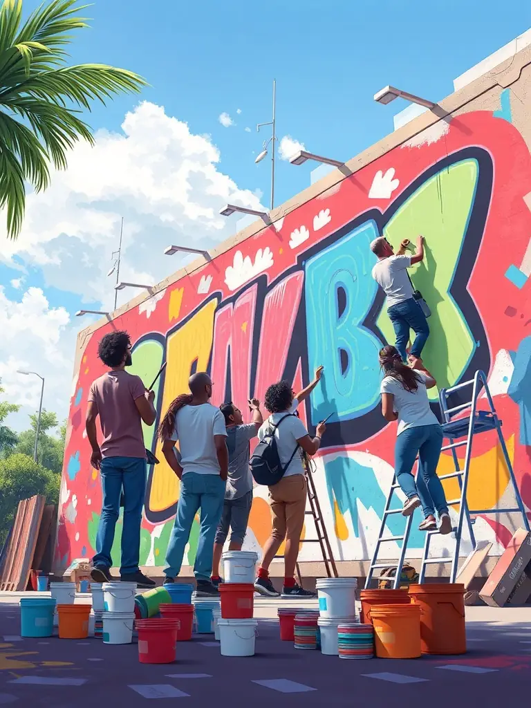 A photo of a collaborative art project organized by LES INSOMNIAKS, showcasing the creativity and teamwork of participants, and the resulting artwork displayed in a public space.