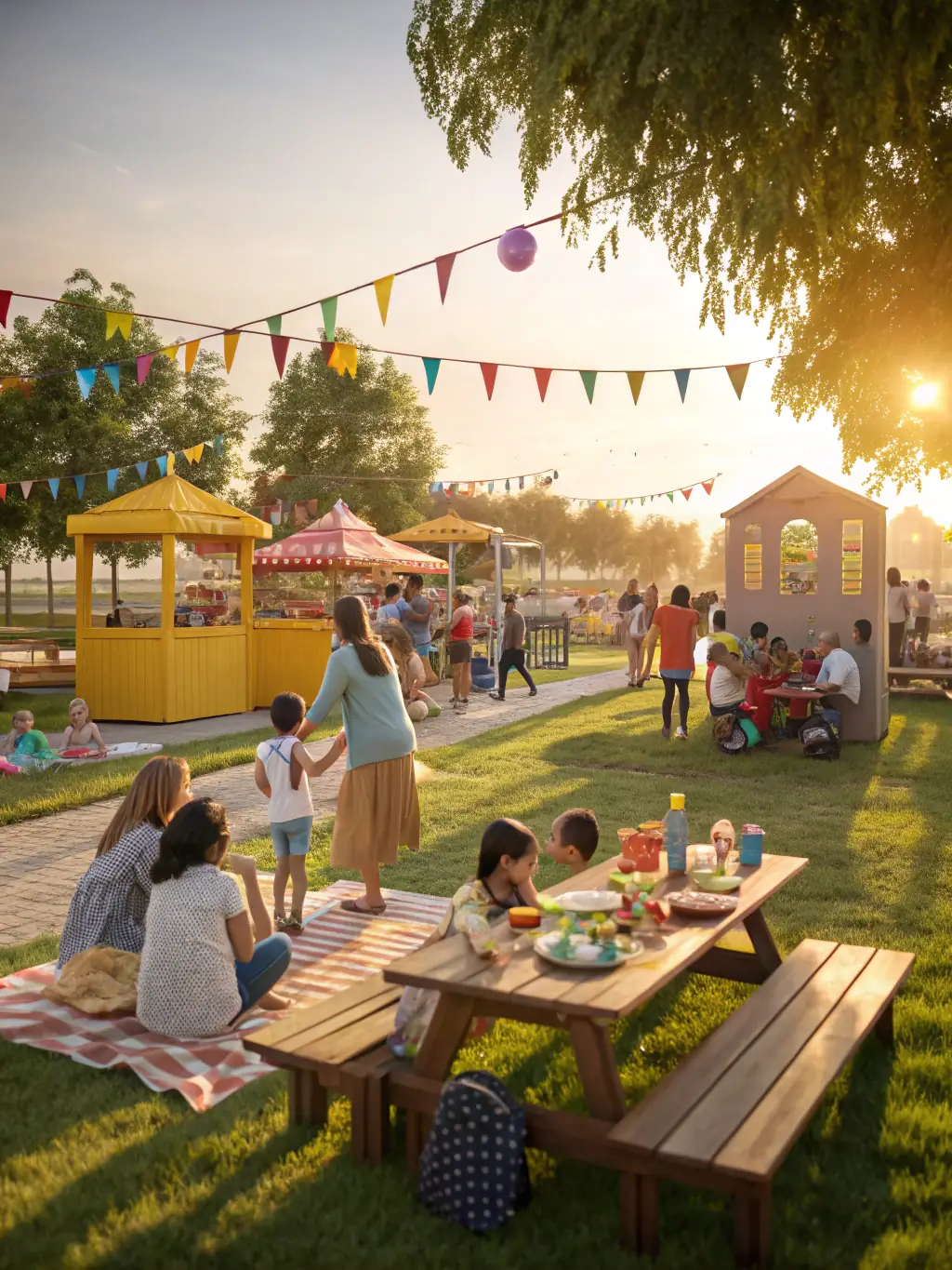 A photo of a community festival organized by LES INSOMNIAKS, depicting a lively atmosphere with food stalls, art displays, and musical performances, bringing together people from diverse backgrounds.