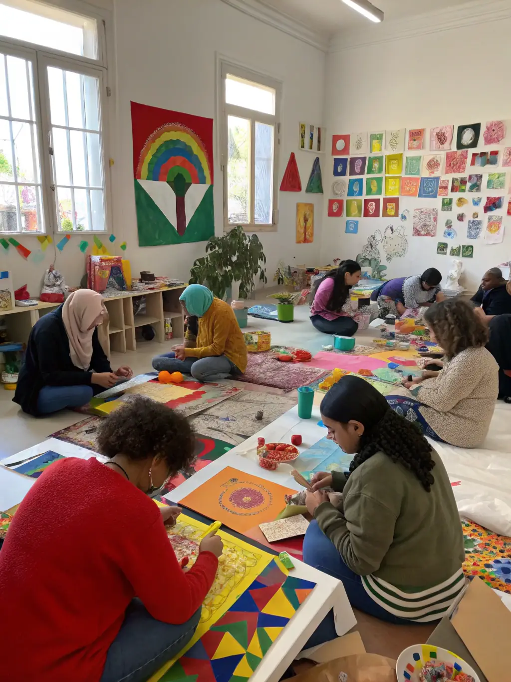 A photo of a cultural workshop facilitated by LES INSOMNIAKS, showing participants actively engaged in learning a new artistic skill, such as painting or playing a musical instrument.