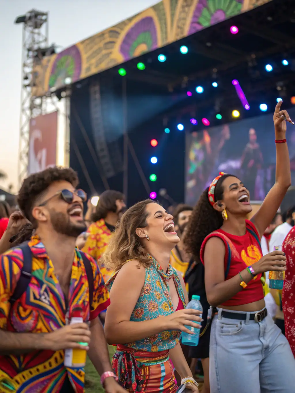 A vibrant outdoor music festival scene with diverse attendees enjoying live performances, showcasing LES INSOMNIAKS' commitment to accessible entertainment.