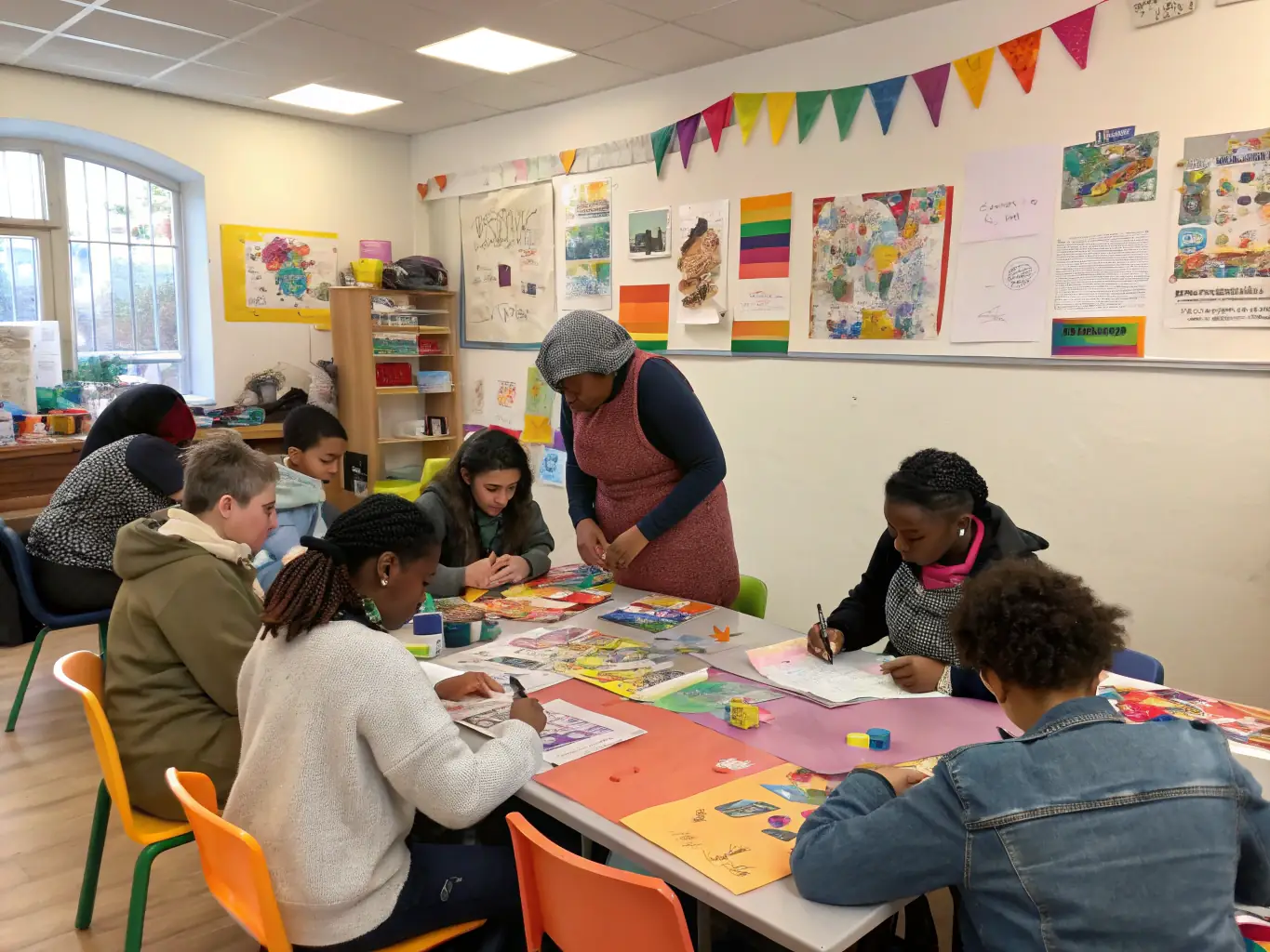 A photograph capturing a community workshop organized by LES INSOMNIAKS, where participants are actively engaged in a creative activity.