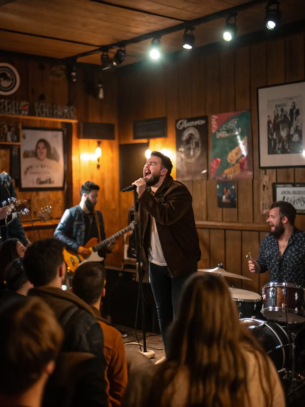 A lively indoor concert featuring a local band, highlighting LES INSOMNIAKS' support for emerging artists and their contribution to enriching social life.