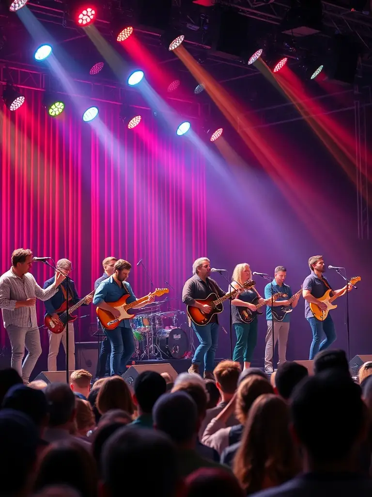A vibrant photo of a live music performance organized by LES INSOMNIAKS, showcasing a diverse group of musicians and audience members enjoying the event in a community space.