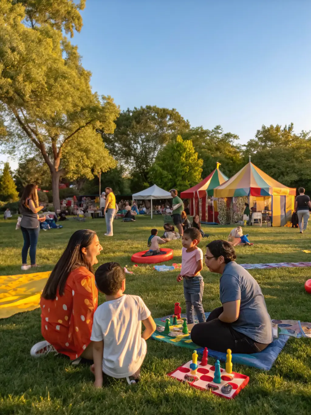 A community event with families enjoying various activities, emphasizing LES INSOMNIAKS' role in encouraging participation and creating inclusive experiences.