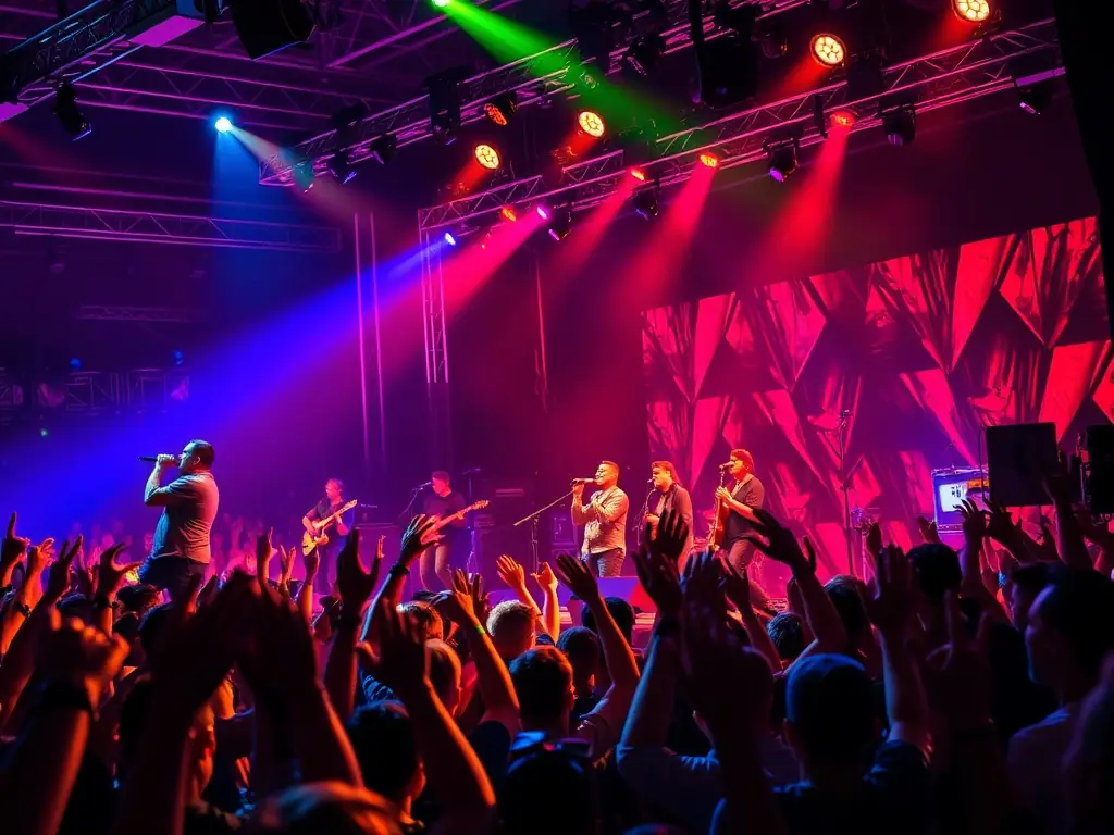 A vibrant image depicting a live musical performance at a LES INSOMNIAKS event, showcasing diverse musicians and an engaged audience.